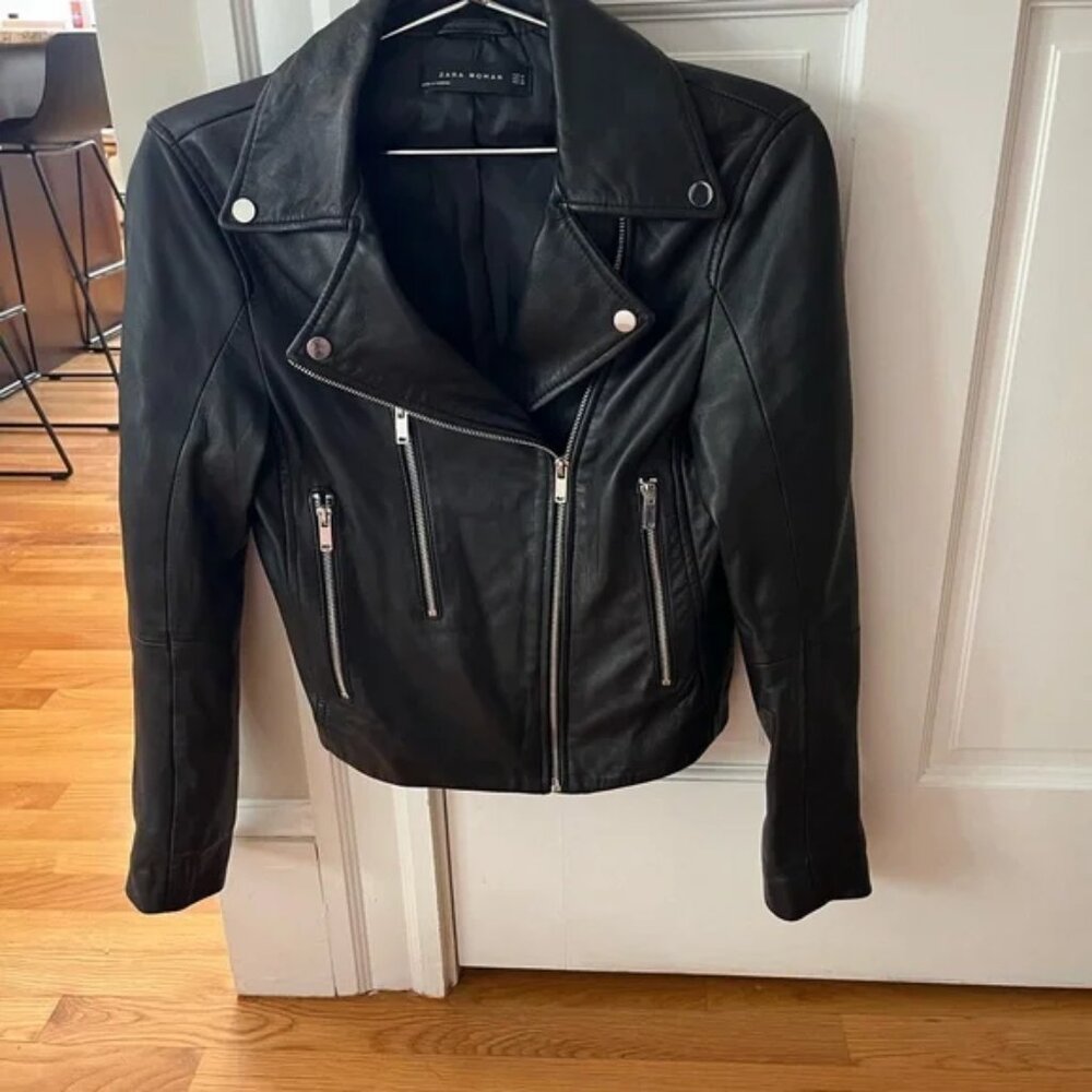 Zara Woman Real Genuine Leather Black Jacket sz Medium (runs small)